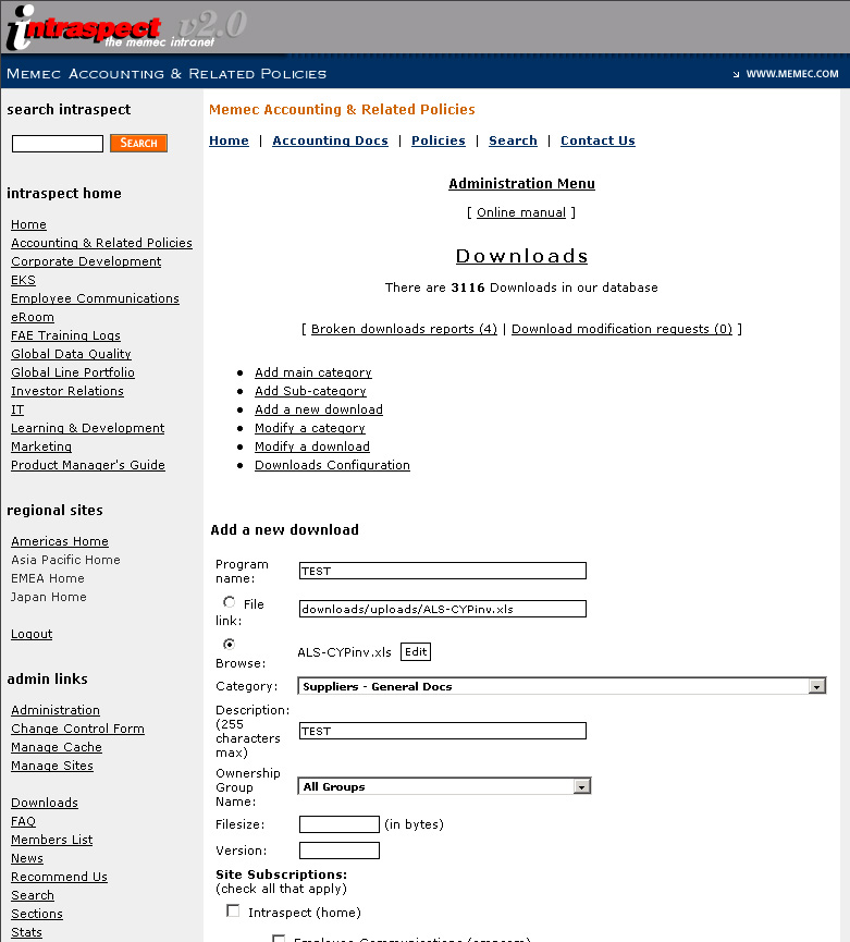 Downloads Admin - Change File Selection